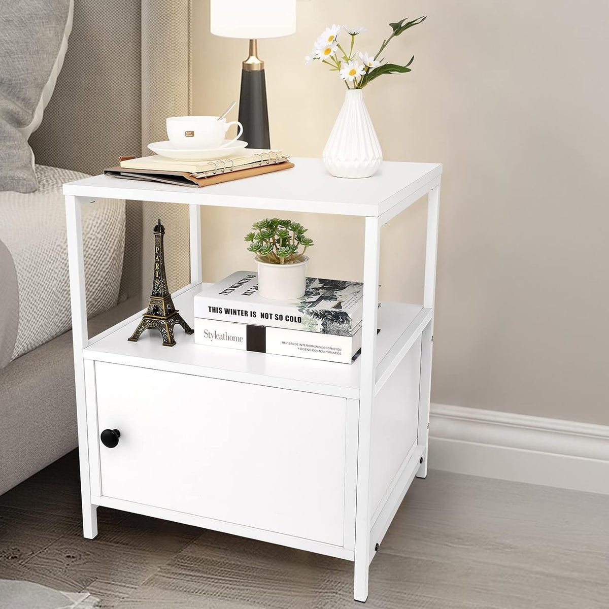 White 3 Shelf End Table with Storage E393