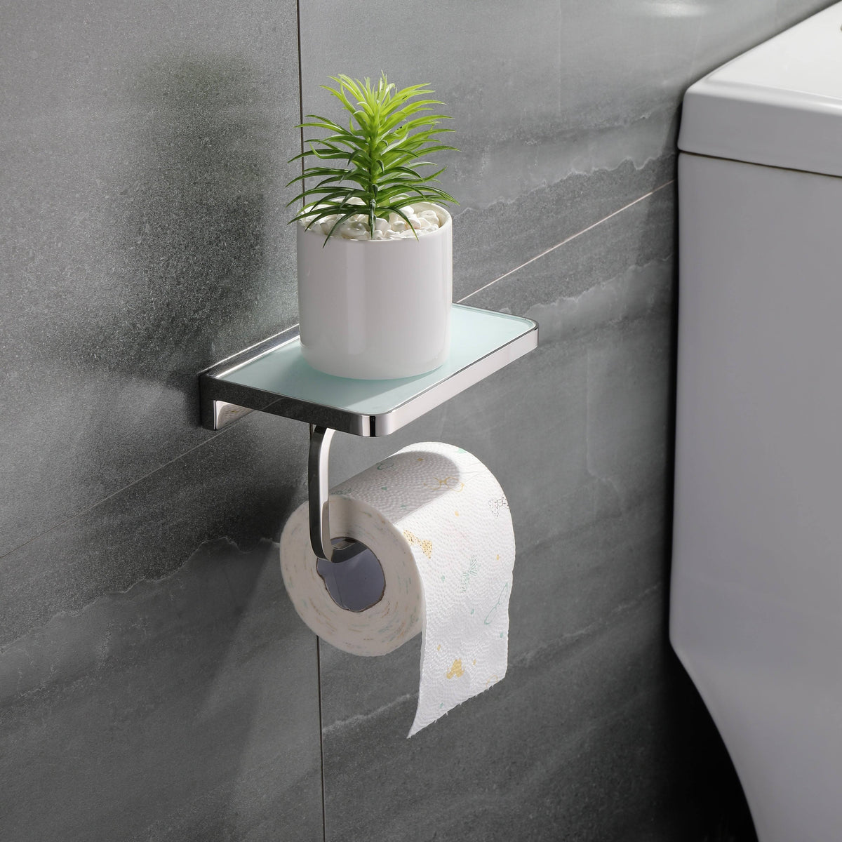 White Glass Shelf with Toilet Paper Holder L25759