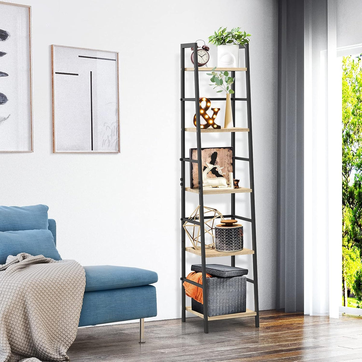 5-Tier Wood and Metal Ladder Shelf Bookcase G3667
