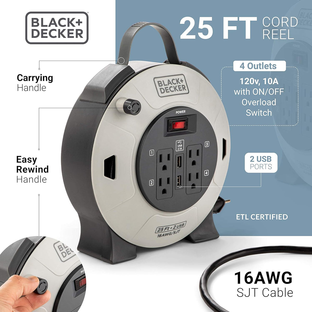 Retractable Extension Cord, 25 ft, 4 Outlets, 2 USB Ports F9981
