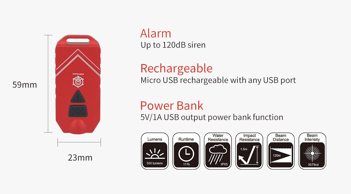 USB Rechargeable Personal Alarm and Flashlight A62606
