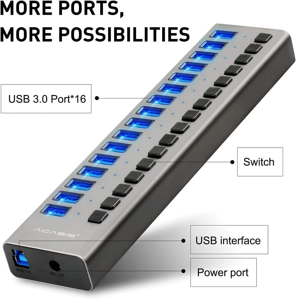 16 Ports USB 3.0 Data Hub with On/Off Switches and Power Adapter H15337