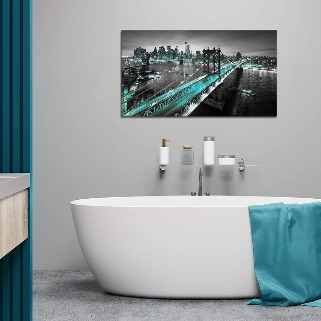 3 Piece Black White and Teal Cityscape Canvas Prints 20x36 X639108
