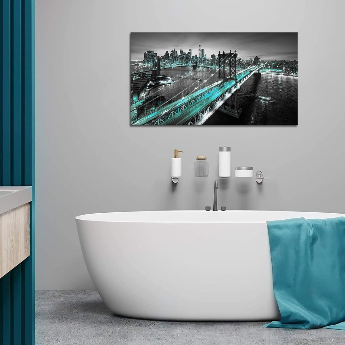 3 Piece Black White and Teal Cityscape Canvas Prints 20x36 X639108