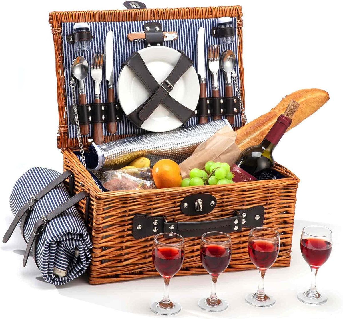 4 Person Wicker Picnic Basket Set with Insulated Cooler Bag and Picnic Blanket E829