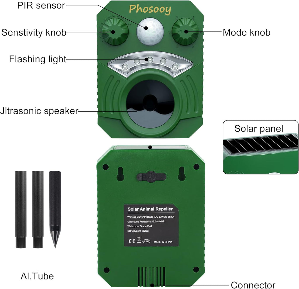 Waterproof Solar Ultrasonic Animal Repeller with Motion Activated LED Flashing Lights N2578