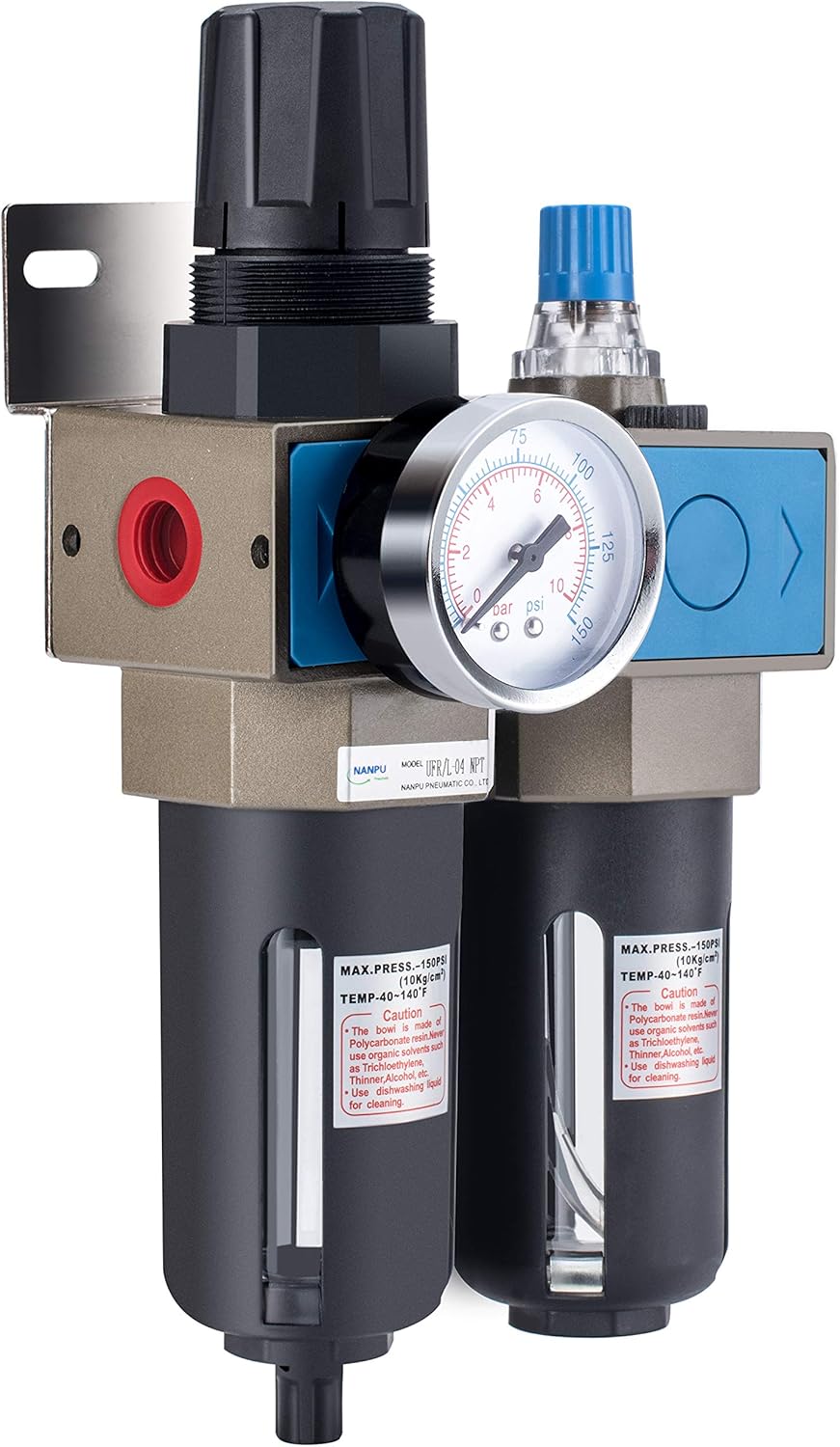 1/2 NPT Compressed Air Filter Regulator Lubricator, 5 Micron Brass Element J1458