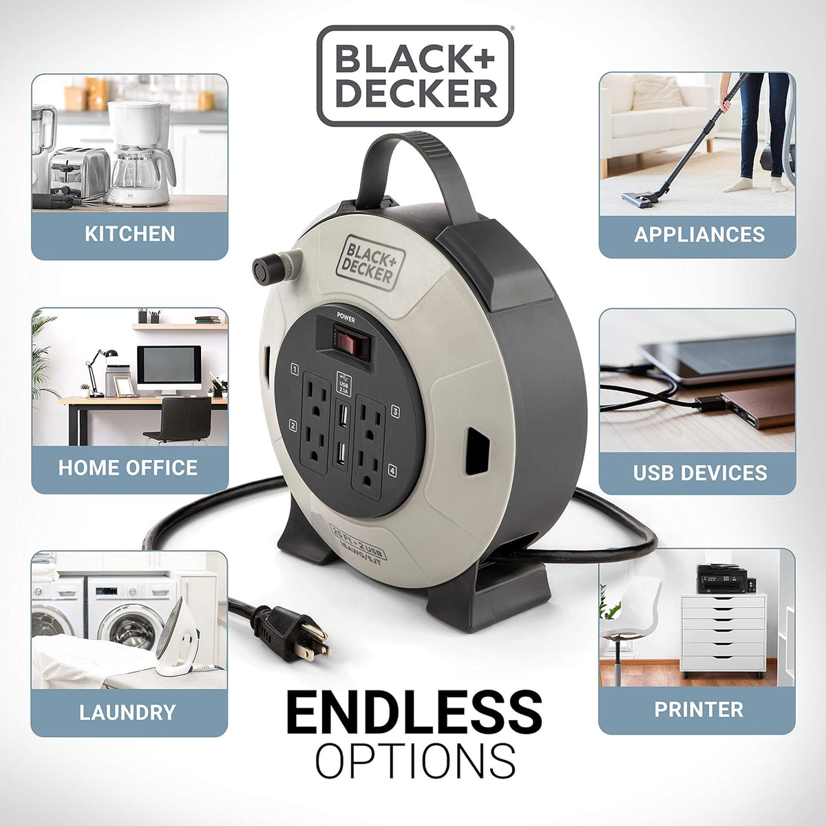 Retractable Extension Cord, 25 ft, 4 Outlets, 2 USB Ports F9981
