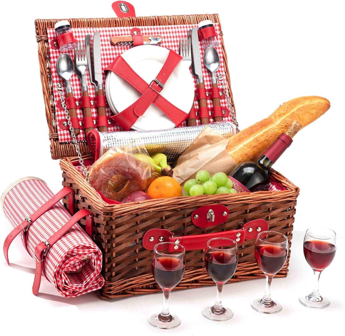 4 Person Wicker Picnic Basket Set with Insulated Cooler Bag and Picnic Blanket E829