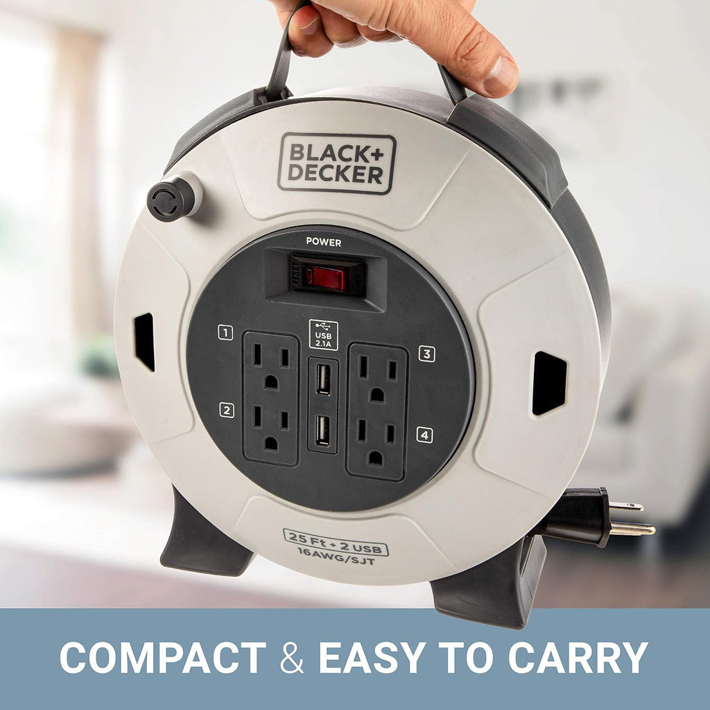 Retractable Extension Cord, 25 ft, 4 Outlets, 2 USB Ports F9981