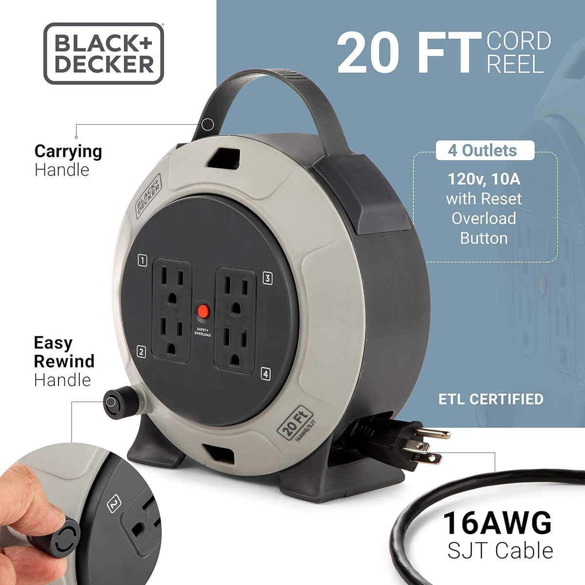 Retractable Extension Cord, 25 ft, 4 Outlets, 2 USB Ports F9981