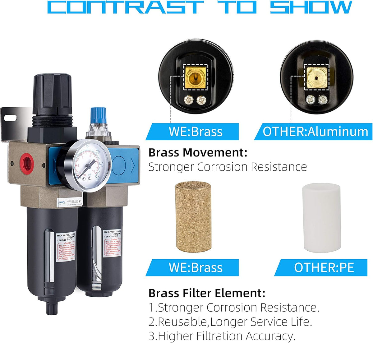 1/2 NPT Compressed Air Filter Regulator Lubricator, 5 Micron Brass Element J1458