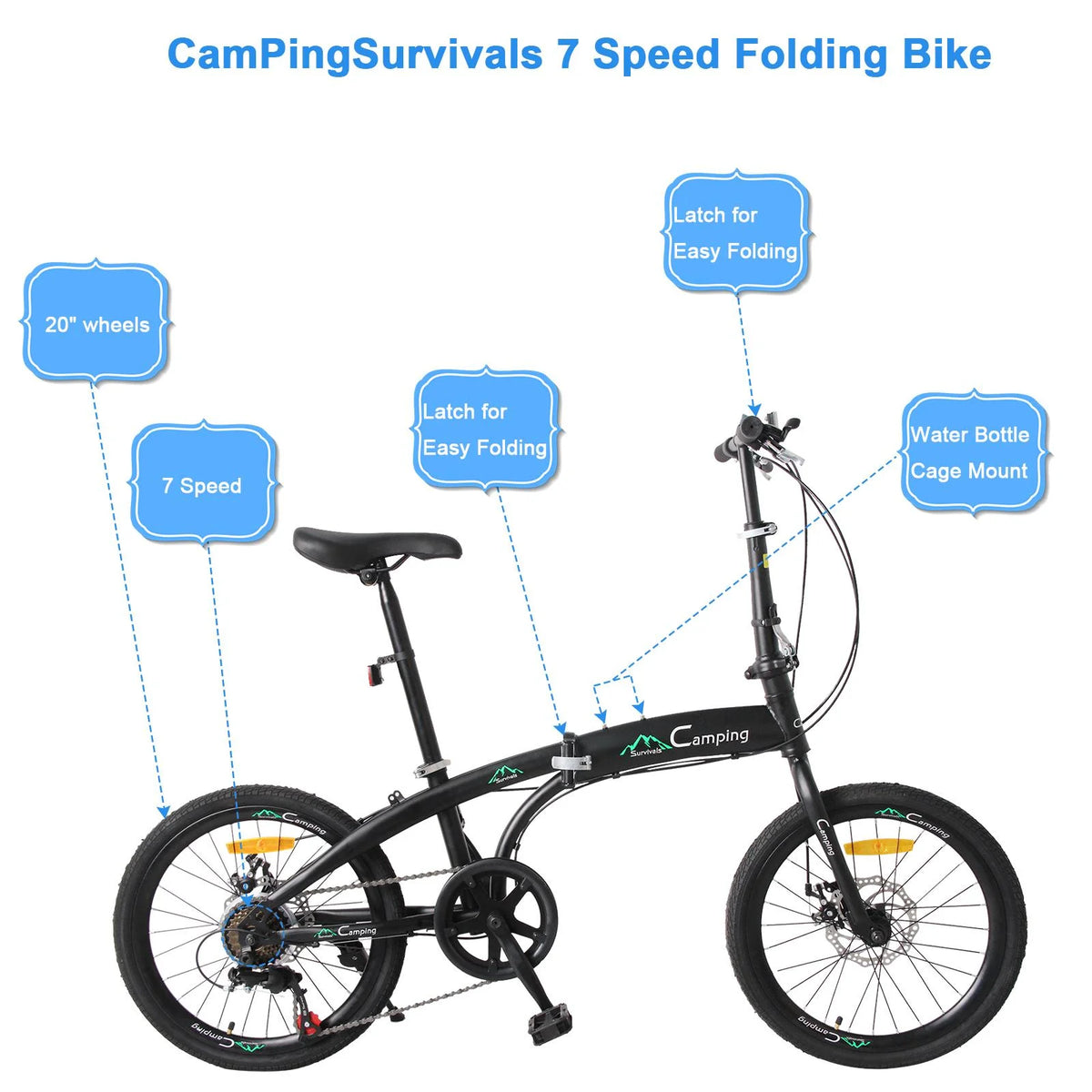 20 Folding Bike, 7 Speed Lightweight City Commuter Bicycle, Black A2895