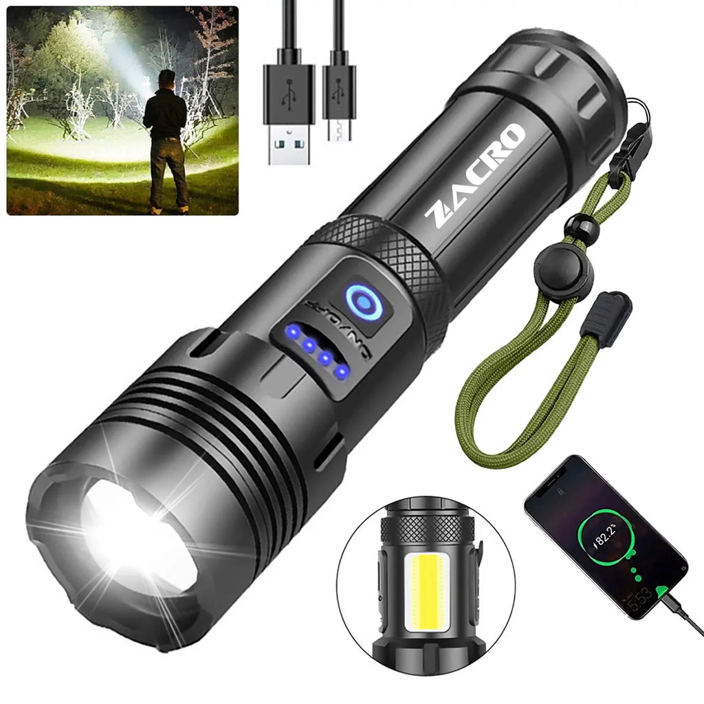 100000 Lumen Rechargeable LED Flashlight with 7 Modes and COB Sidelight X3000