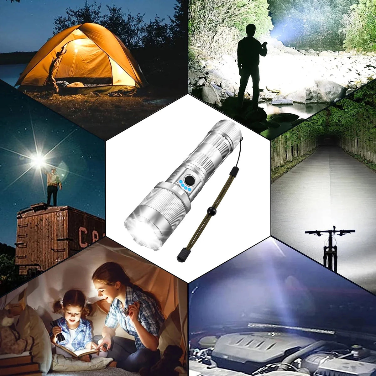 100000 Lumen Rechargeable LED Flashlight with 7 Modes and COB Sidelight X3000