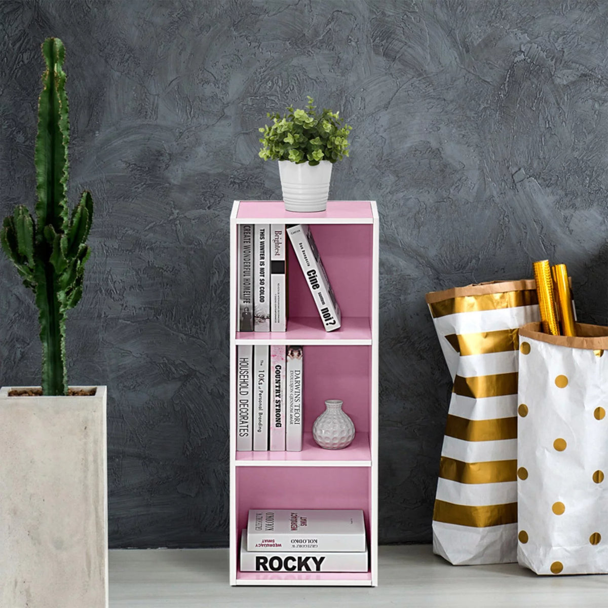 White Pink 3-Tier Engineered Wood Bookcase J903