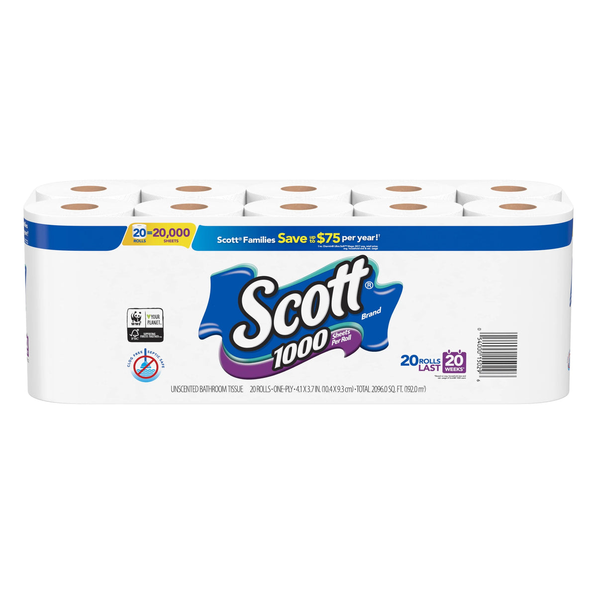 Toilet Paper, 20 Rolls, 1,000 Sheets Per Roll V828128