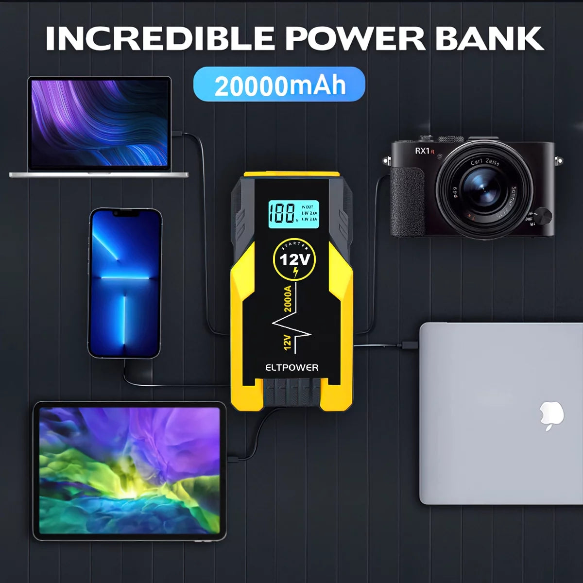 20000mAh 2000A Peak Car Battery Jump Starter with LED and USB Quick Charge 3.0 R81082