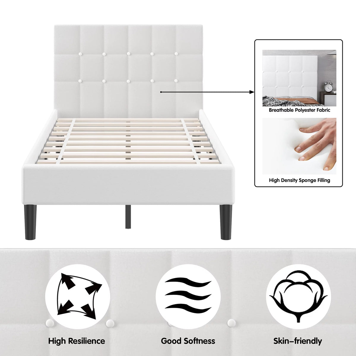 Twin Upholstered Bed Frame with Tufted Headboard Beige N875
