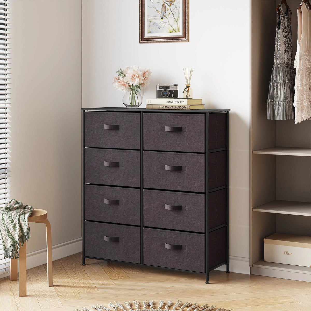 8 Drawer Fabric Dresser with Wooden Top Shelf T1133