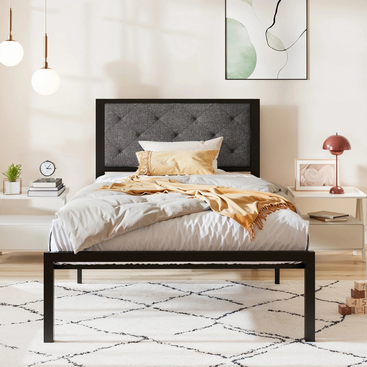 Twin Size Metal Platform Bed Frame with Fabric Headboard A364