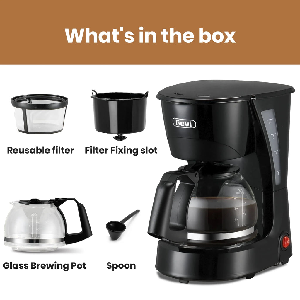 4 Cup Drip Coffee Maker with Reusable Filter, Black E605365