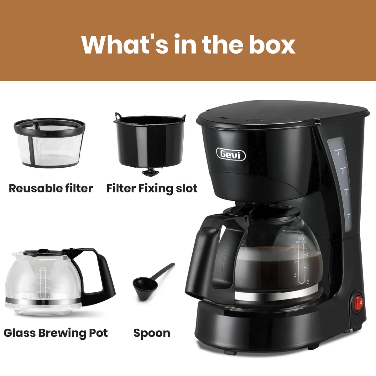 4 Cup Drip Coffee Maker with Reusable Filter, Black E605365