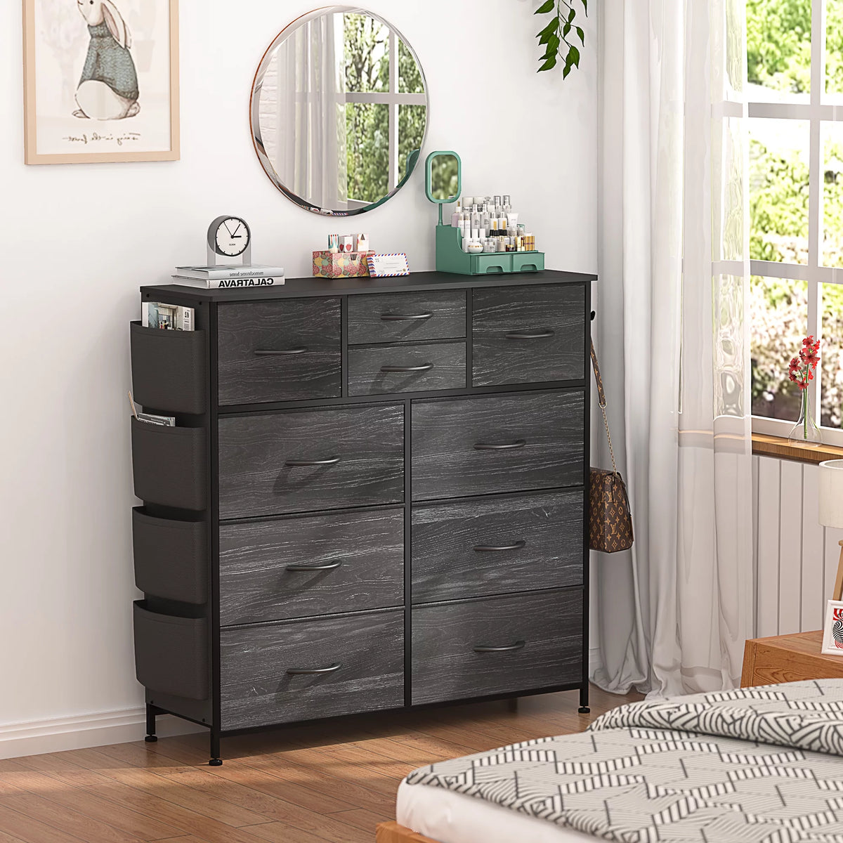 Black 10 Drawer Fabric Dresser with Wood Top P68624